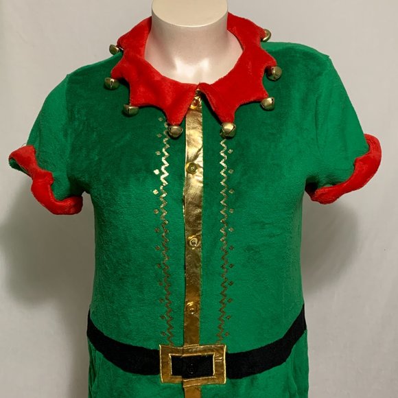 Ugly Christmas Romper Elf Jingle Bell Collar Pockets Green Red Mens Womens XL - Picture 2 of 4
